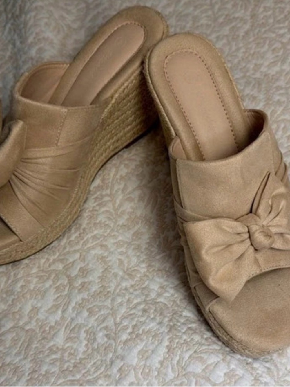 Beige Suede Wedge Slide Sandals with Bow Accent
